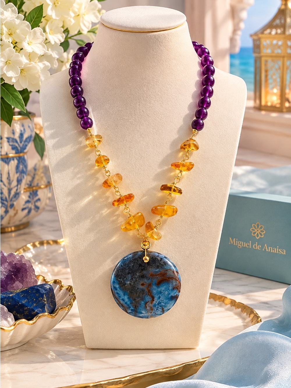 Purple and Amber Beaded Necklace with Blue Pendant lazuli Gemstone 💎